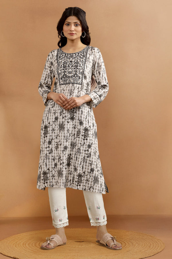 White Floral Printed Thread Work Rayon Flax Straight Kurta and Slim Pant Set