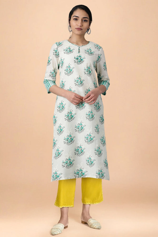 Green Floral Printed Lace Pure Cotton Straight Kurta and Straight Pant Set