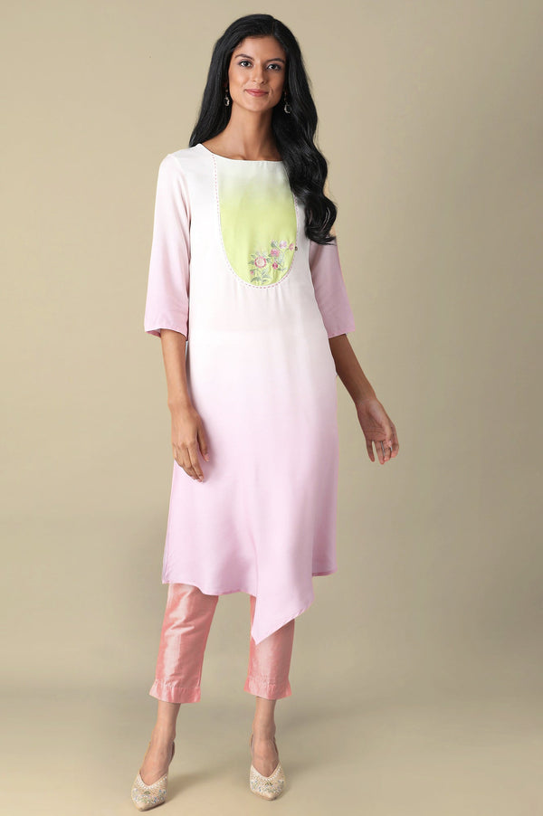 Light Pink Solid Thread Embroidered Rayon Asymmetric Kurta and Slim Pant Set