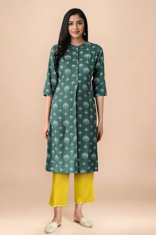 Green Floral Printed Lace Rayon Straight Kurta and Straight Pant Set