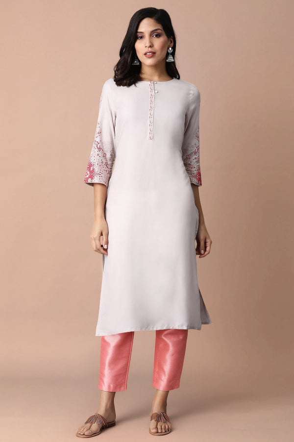 Light Pink Paisley Rayon Straight Kurta and Slim Pant Set
