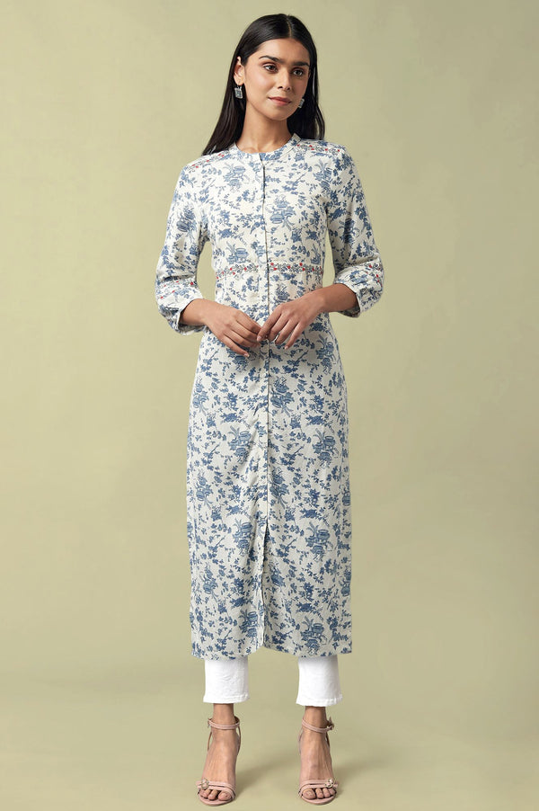 Ecru Floral Printed Thread Embroidered Rayon Flax Straight Kurta and Jegging Set