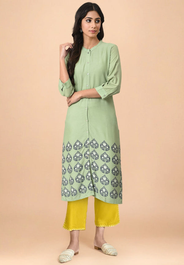 Light Green Floral Printed Lace Rayon Straight Kurta and Straight Pant Set