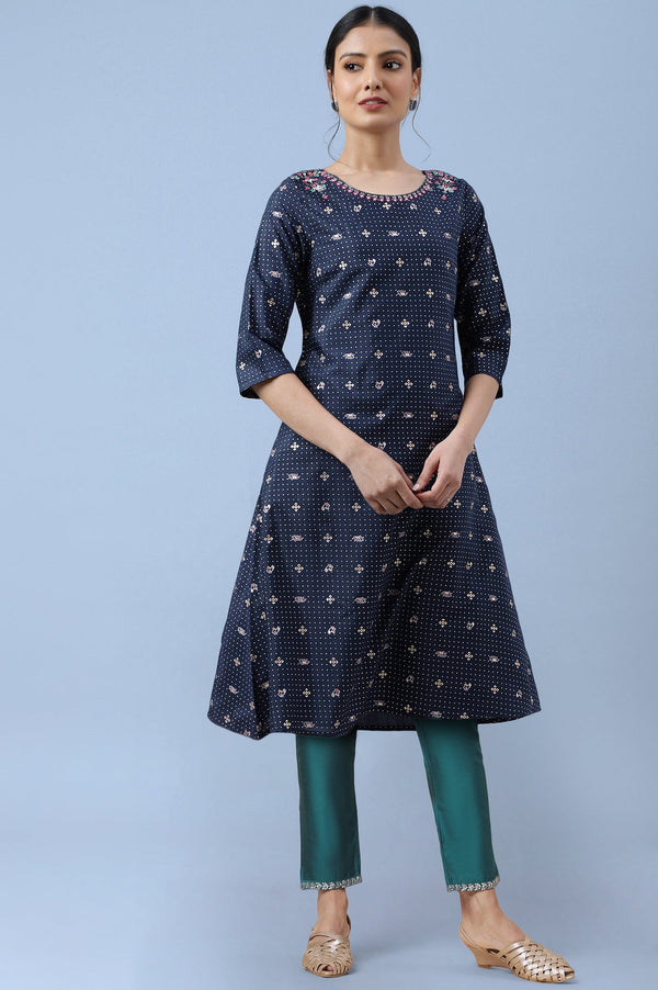 Dark Blue Printed Thread Embroidered Shantung A-Line Kurta and Slim Pant Set