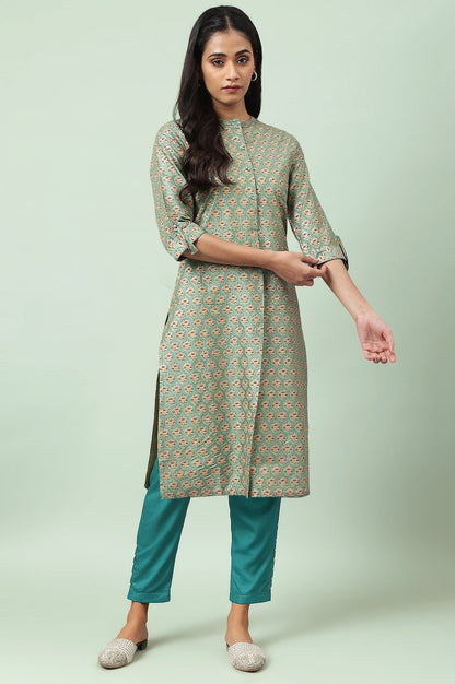 Light Green Floral Printed Beads Shantung Straight Kurta and Slim Pant Set