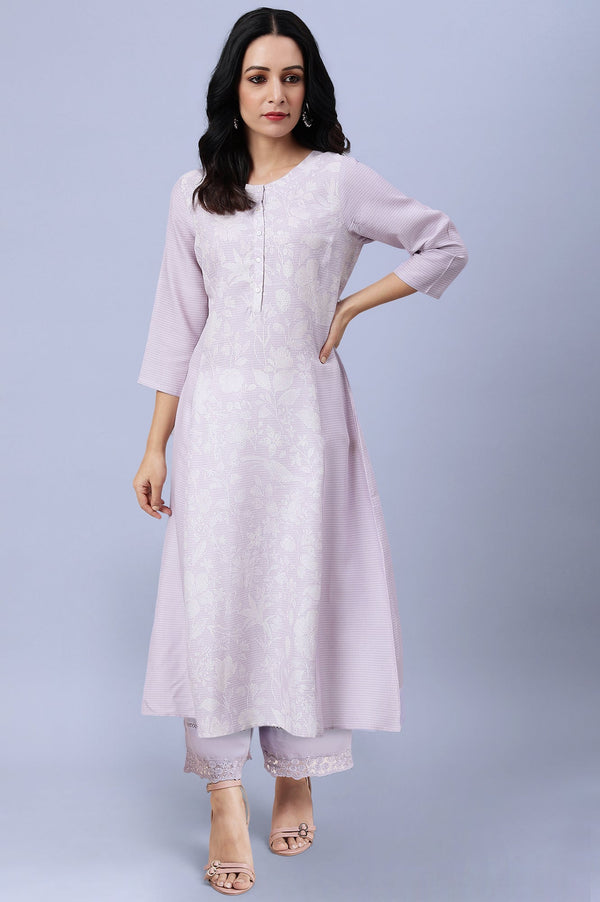 Light Purple Floral Printed Lace Rayon A-Line Kurta and Parallel Pant Set