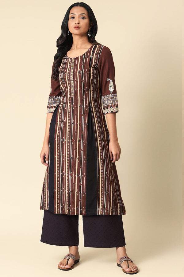 Dark Brown Printed Coins Rayon A-Line Kurta and Parallel Pant Set