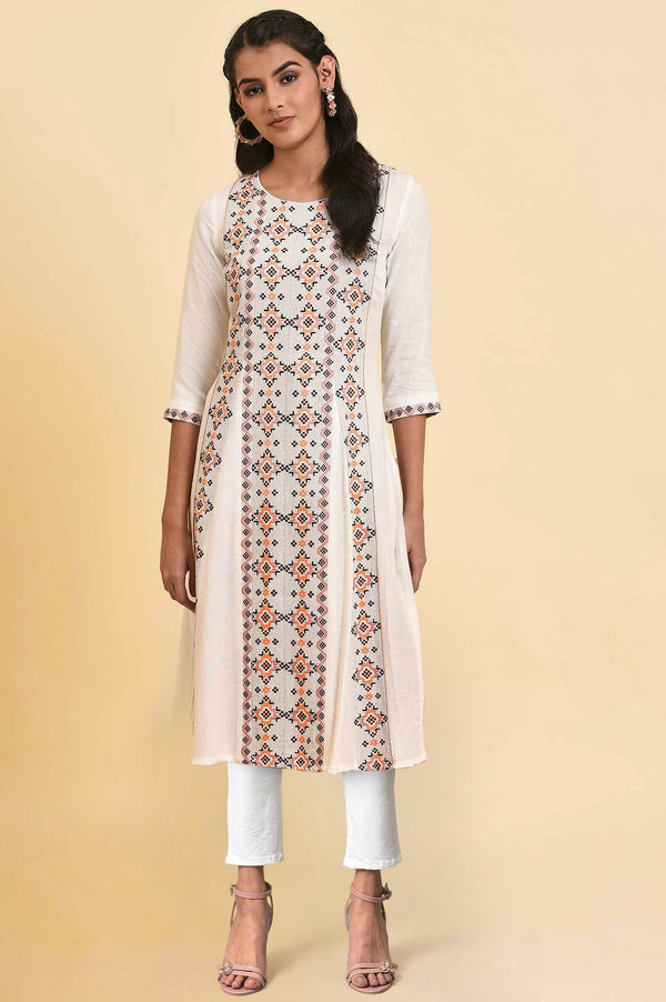 Ecru Geometric Printed Jacquard Straight Kurta and Jegging Set