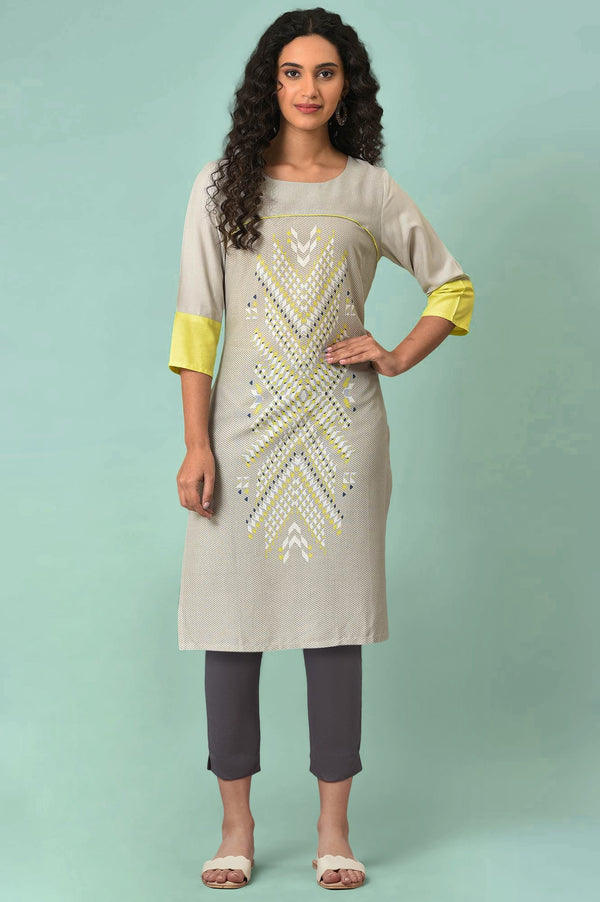 Light Grey Geometric Printed Rayon Straight Kurta and Slim Pant Set