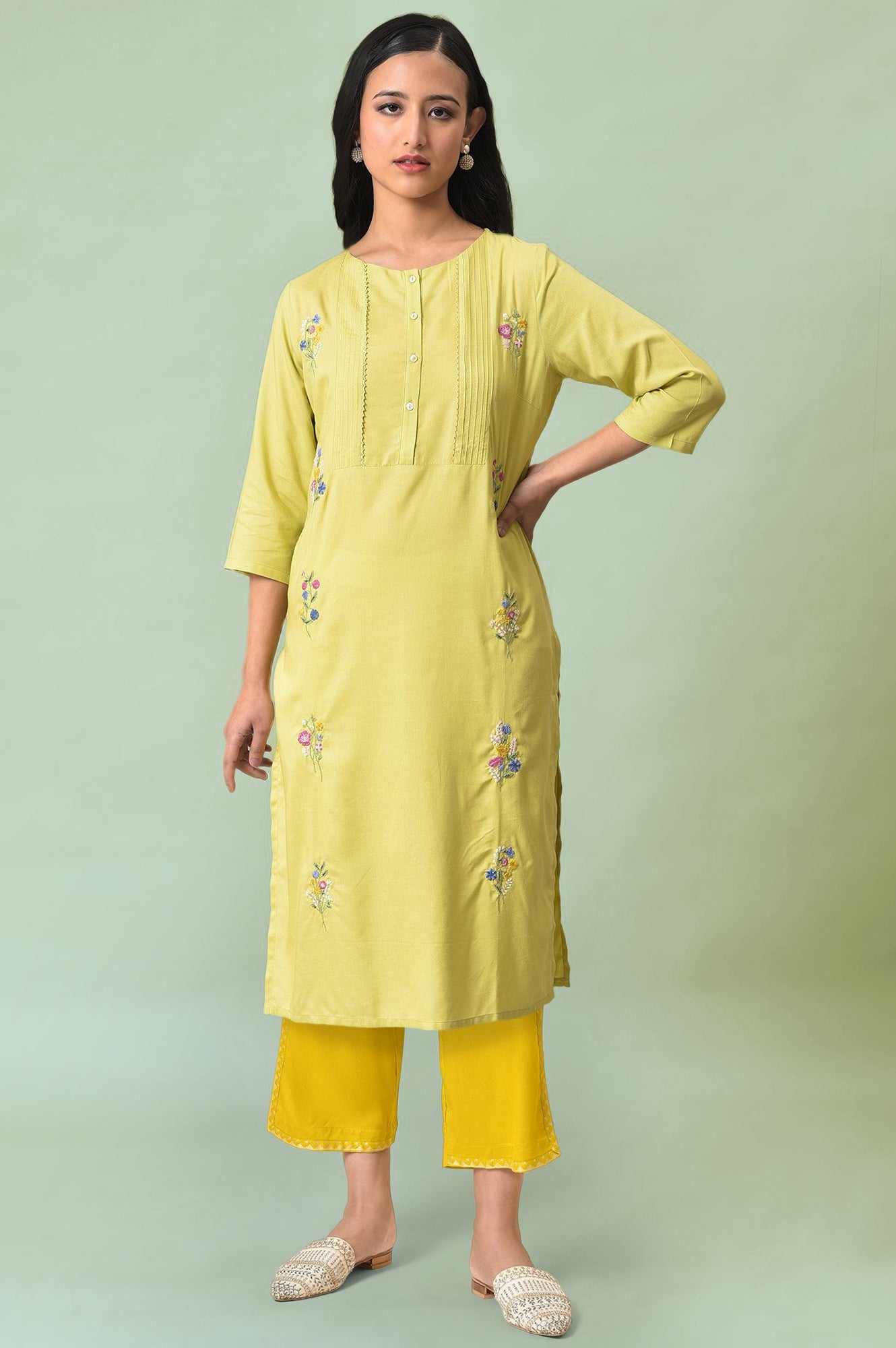 Light Green Solid Thread Embroidered Rayon Straight Kurta and Straight Pant Set
