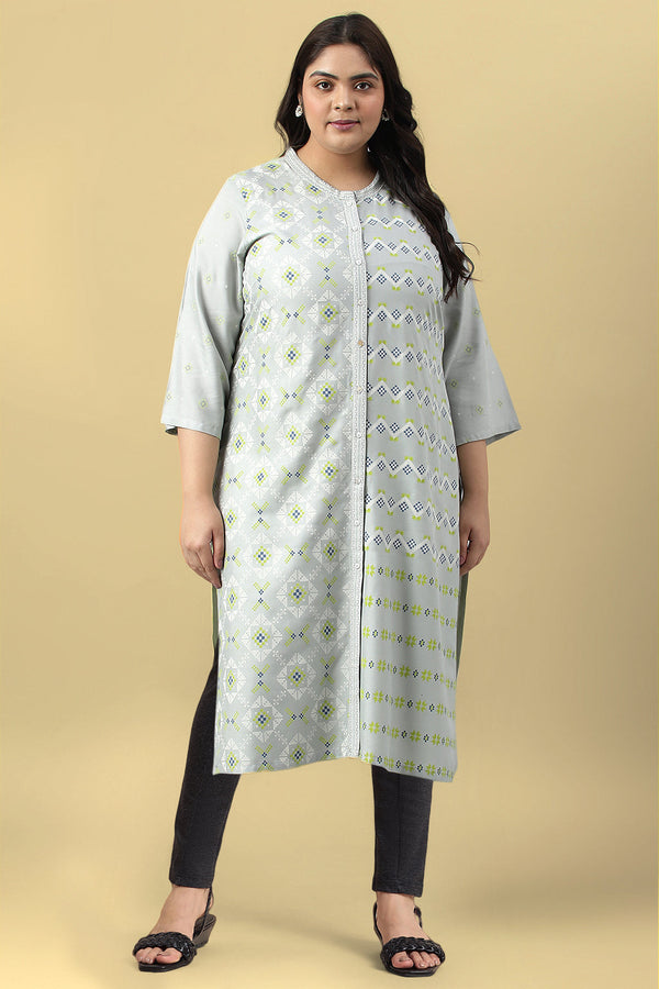Light Grey Geometric Printed Rayon Straight Kurta and Slim Pant Set