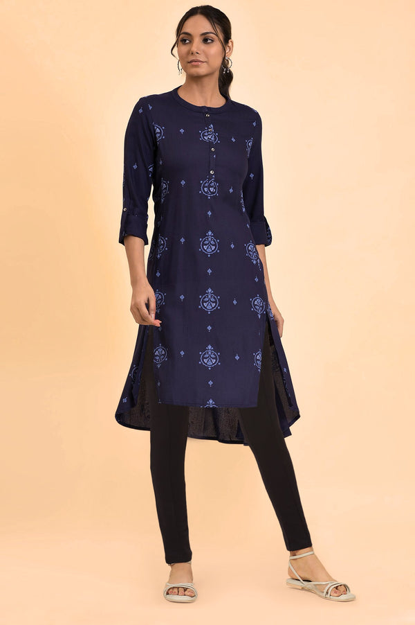 Dark Blue Floral Printed Rayon Asymmetric Kurta and Jegging Set