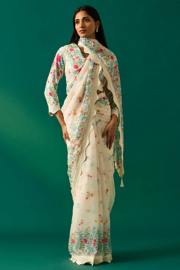 Off-White Floral Printed Embroidered Georgette Saree with Unstitched Blouse