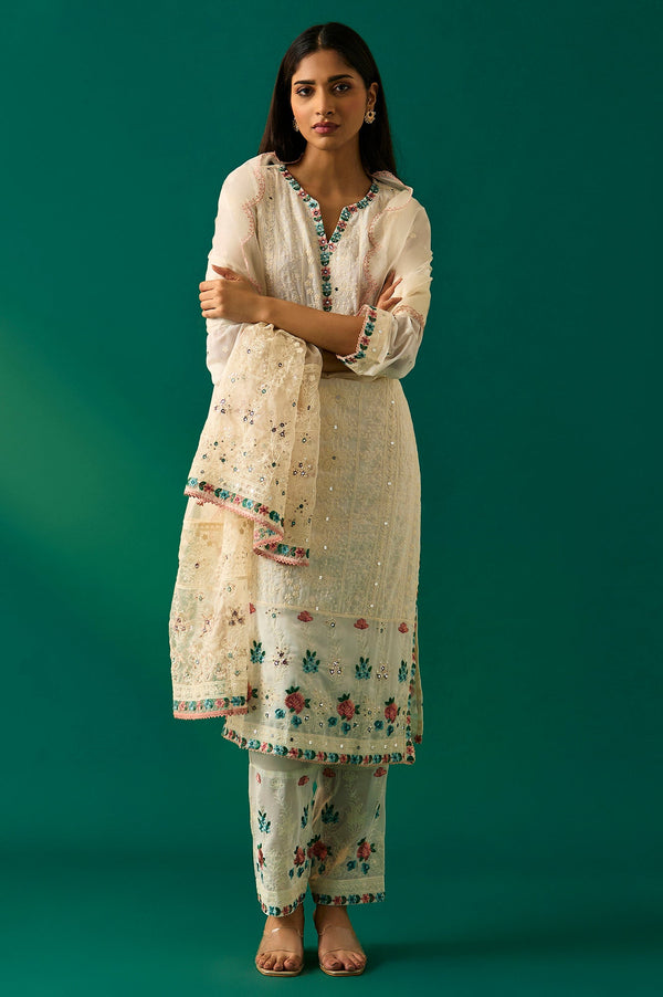 Off-White Embroidered Straight Kurta with Straight Pant and Dupatta Set