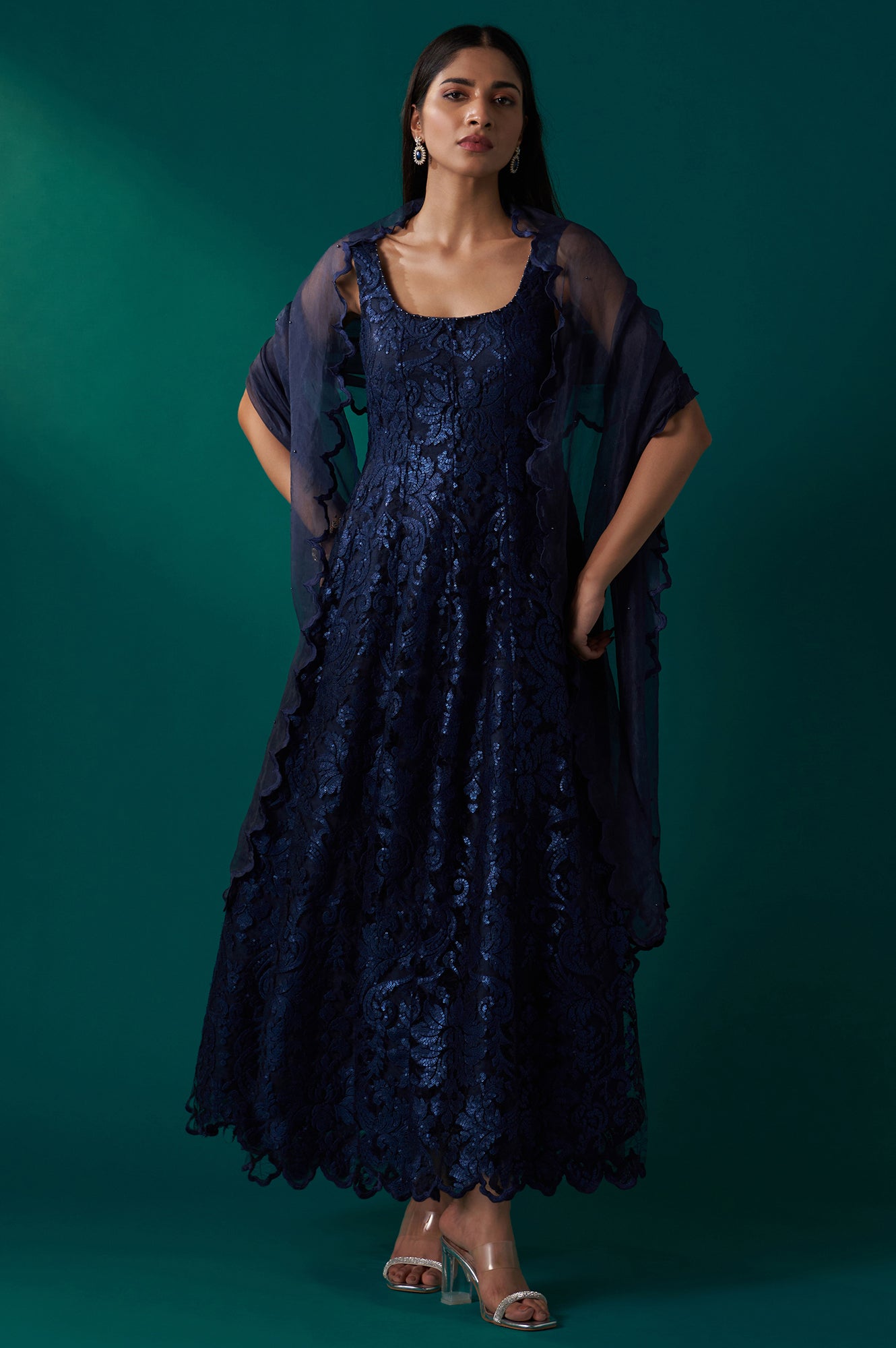 Navy Blue Sequin Embroidered Anarkali Dress and Scalloped Organza Dupatta Set
