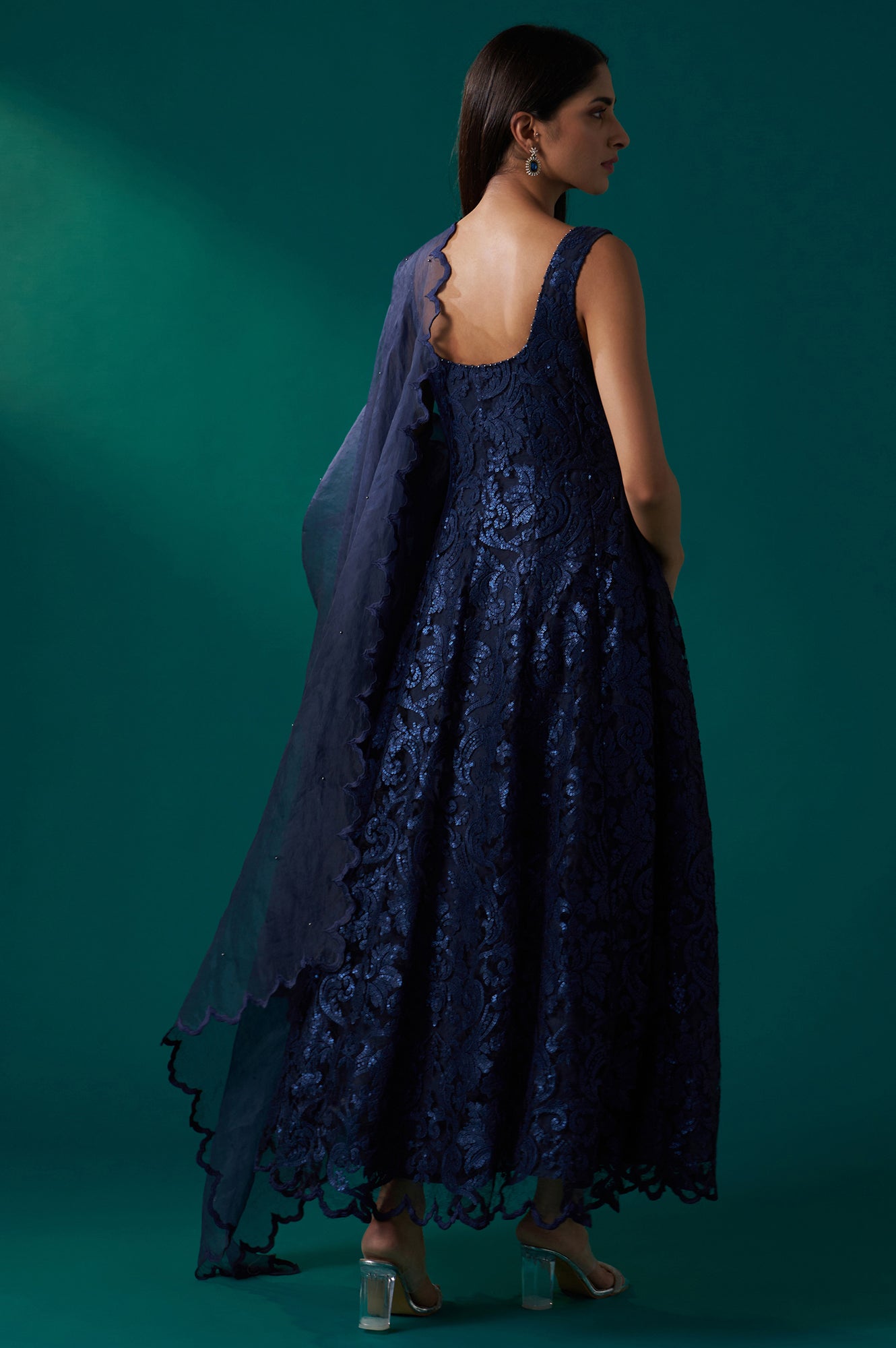 Navy Blue Sequin Embroidered Anarkali Dress and Scalloped Organza Dupatta Set