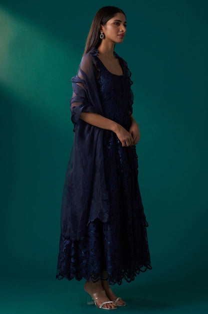 Navy Blue Sequin Embroidered Anarkali Dress and Scalloped Organza Dupatta Set