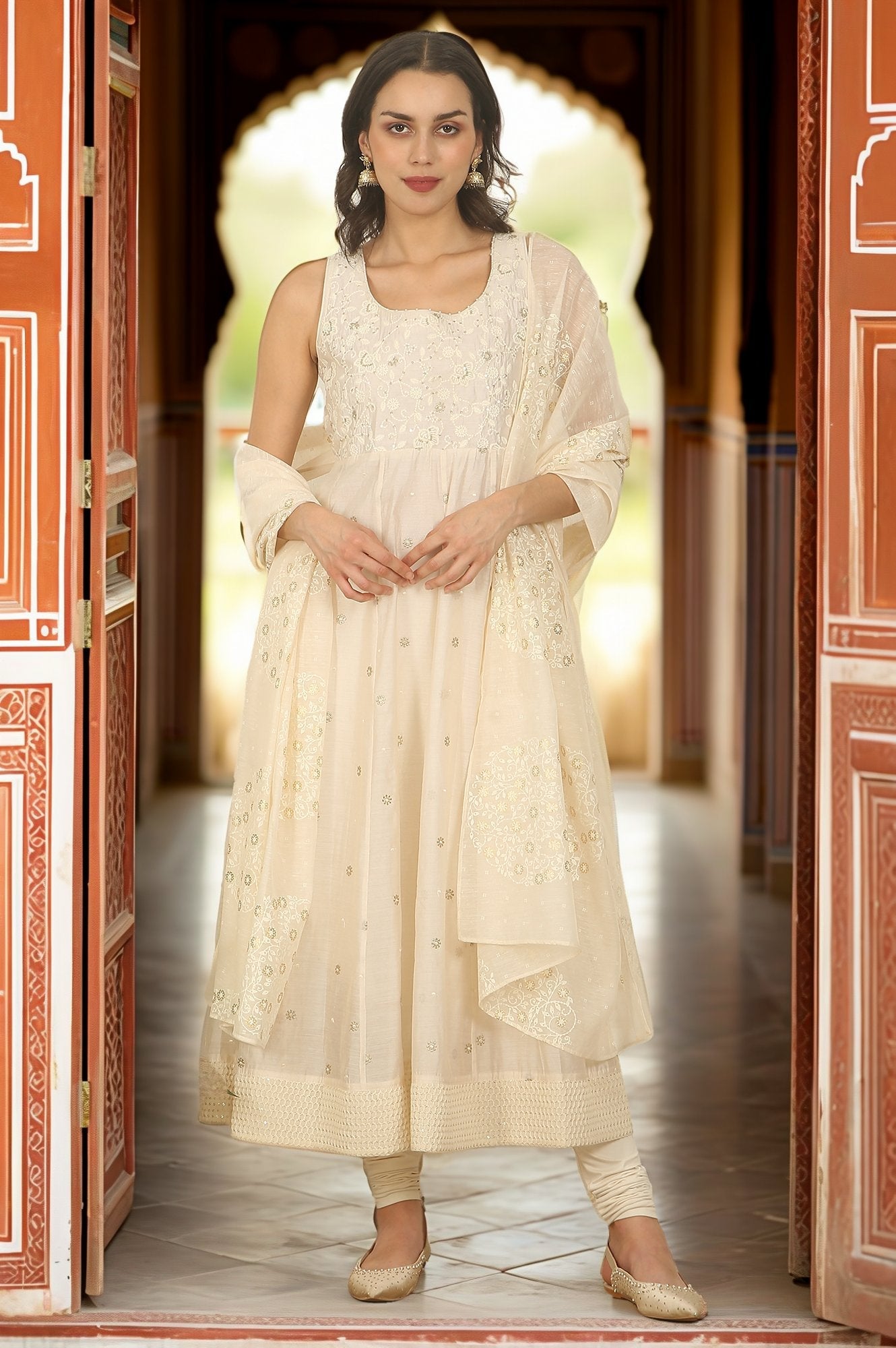 White Thread Embroidered Chanderi Sleeveless Flared Kurta, Churidar and Dupatta Set