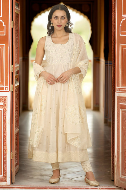 White Thread Embroidered Chanderi Sleeveless Flared Kurta, Churidar and Dupatta Set