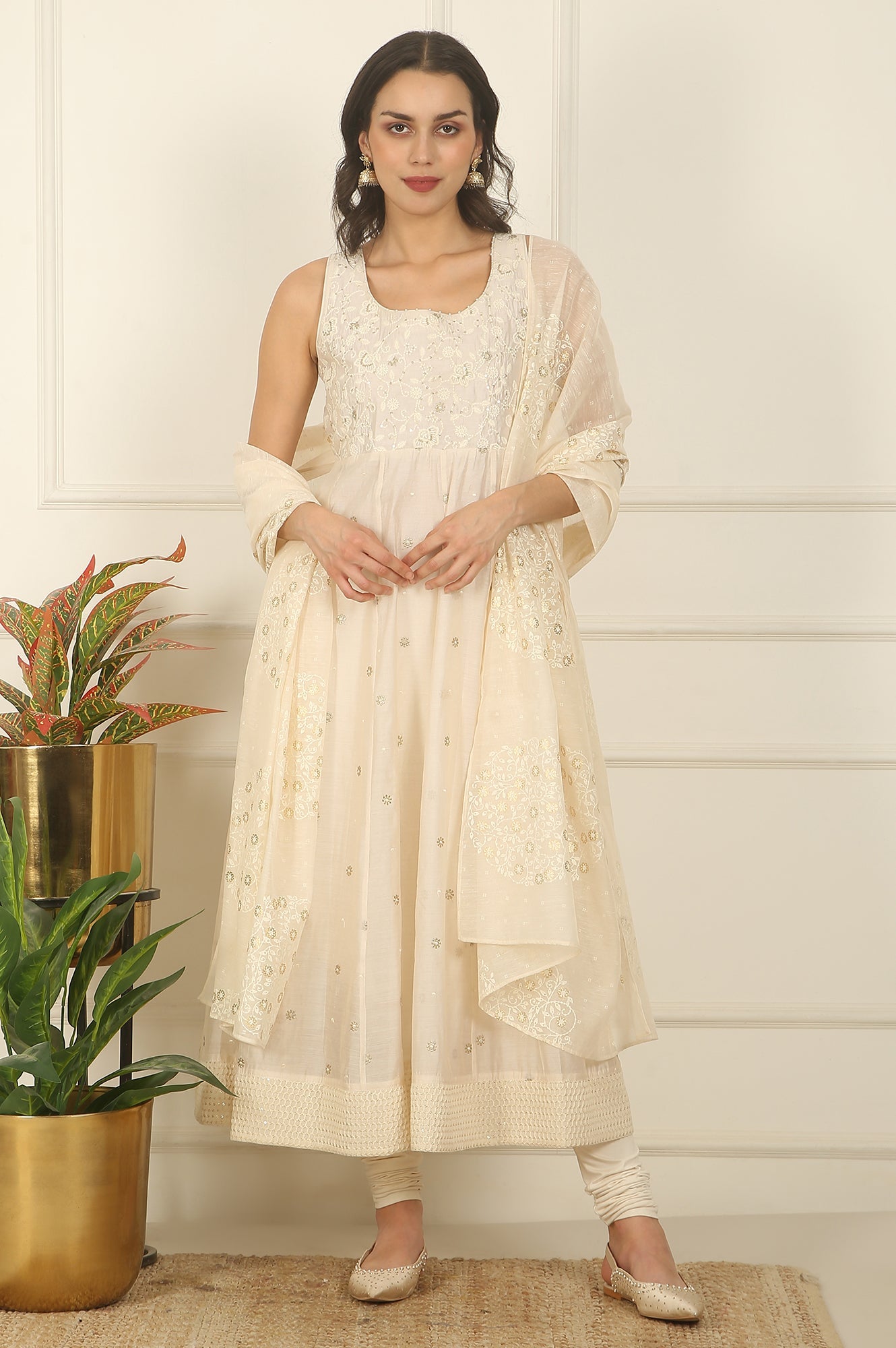 White Thread Embroidered Chanderi Sleeveless Flared Kurta, Churidar and Dupatta Set