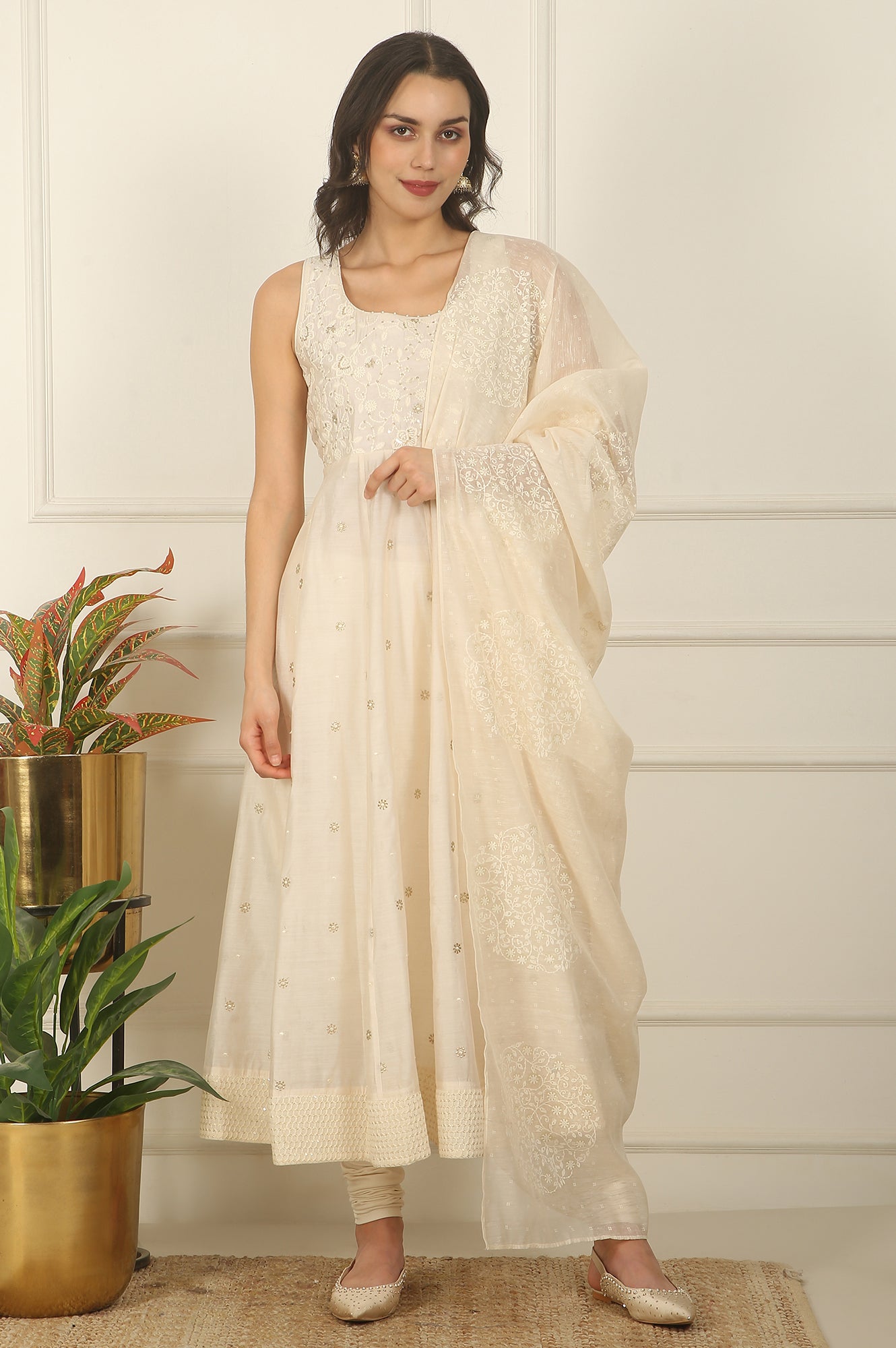 White Thread Embroidered Chanderi Sleeveless Flared Kurta, Churidar and Dupatta Set