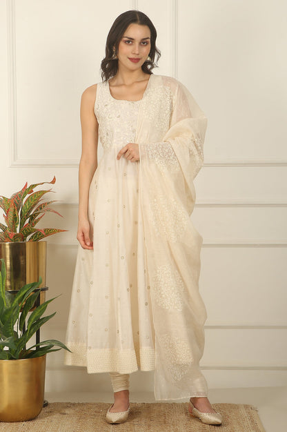 White Thread Embroidered Chanderi Sleeveless Flared Kurta, Churidar and Dupatta Set