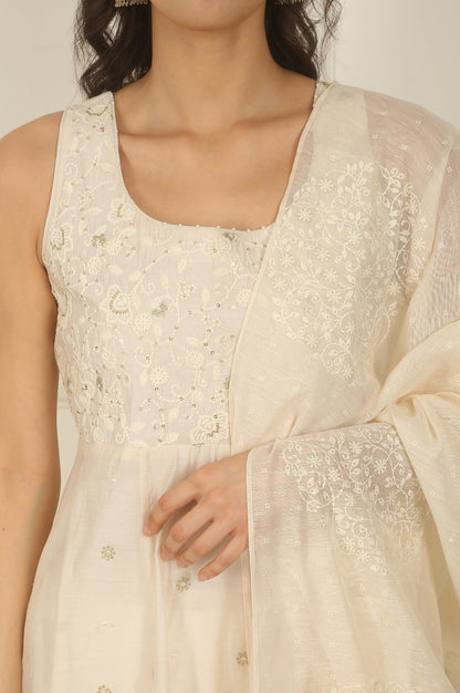 White Thread Embroidered Chanderi Sleeveless Flared Kurta, Churidar and Dupatta Set