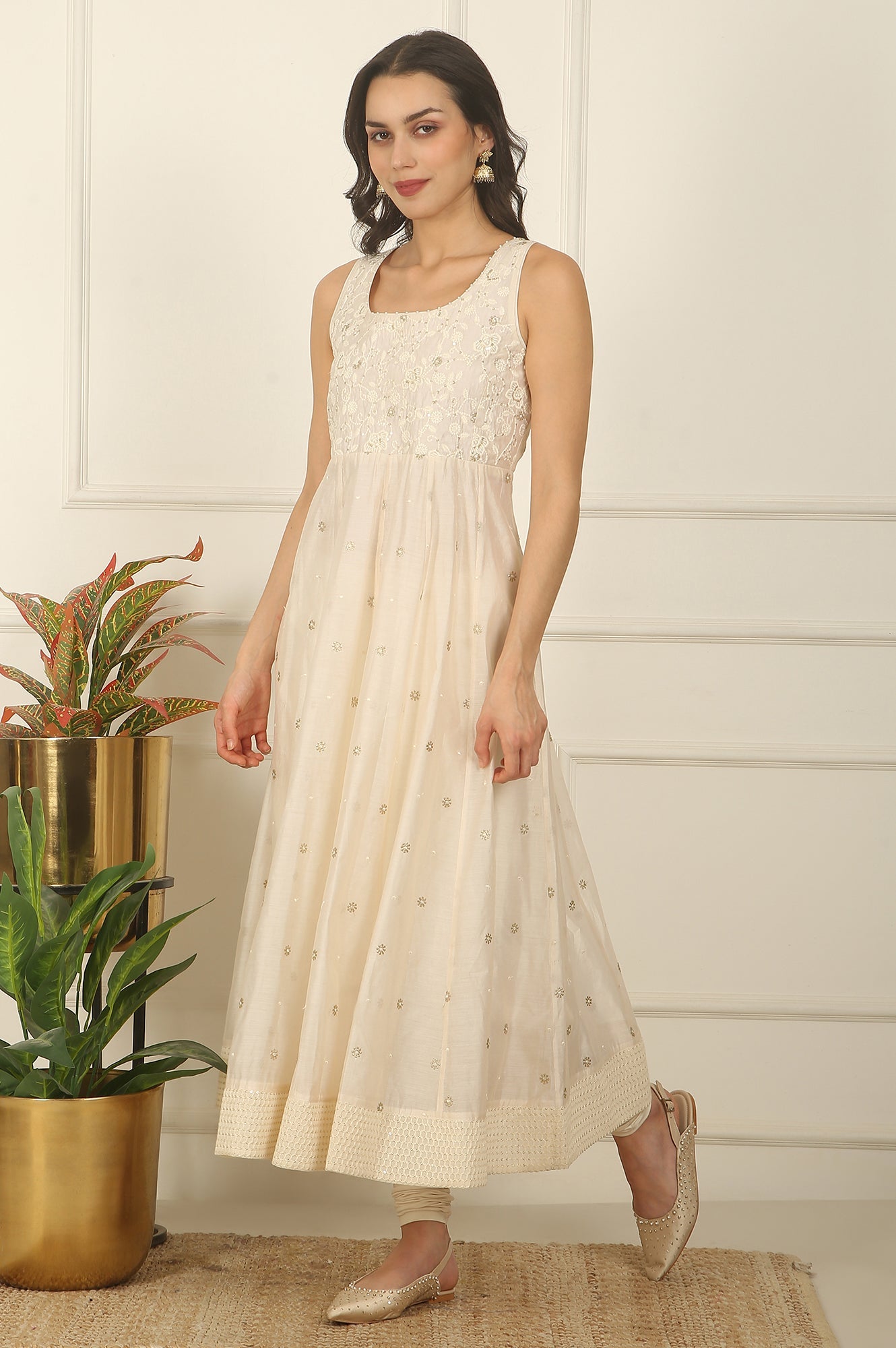 White Thread Embroidered Chanderi Sleeveless Flared Kurta, Churidar and Dupatta Set