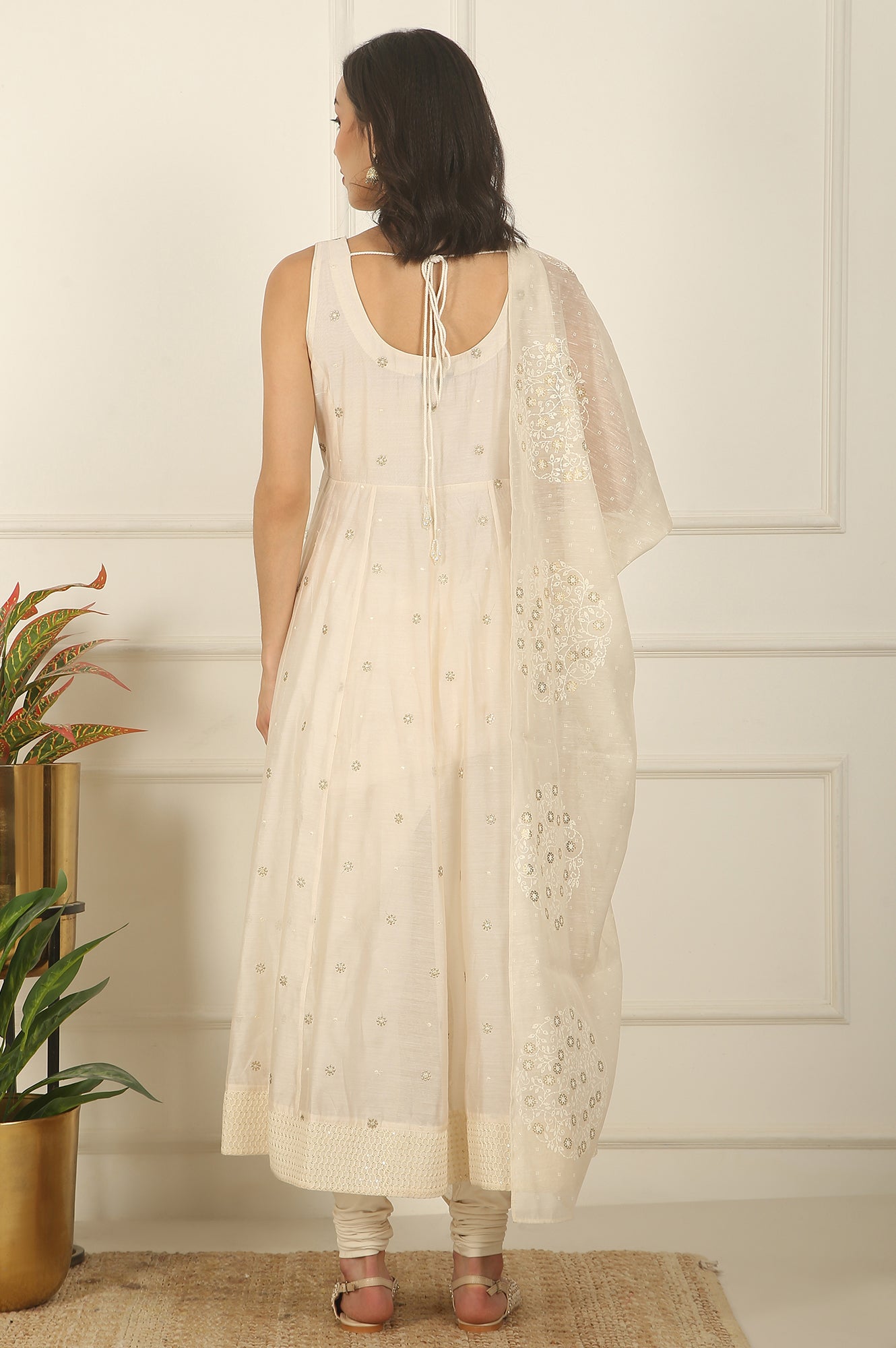 White Thread Embroidered Chanderi Sleeveless Flared Kurta, Churidar and Dupatta Set