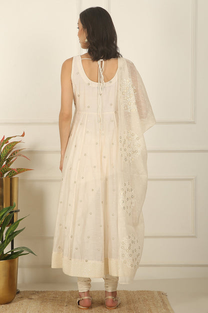 White Thread Embroidered Chanderi Sleeveless Flared Kurta, Churidar and Dupatta Set