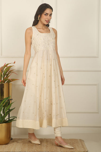 White Thread Embroidered Chanderi Sleeveless Flared Kurta, Churidar and Dupatta Set
