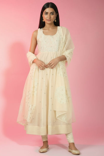 White Thread Embroidered Chanderi Sleeveless Flared Kurta, Churidar and Dupatta Set