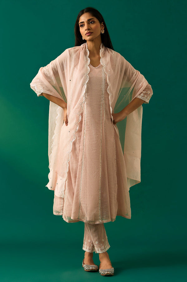 Pastel Pink Embroidered Festive Anarkali Kurta, Pants and Dupatta Set