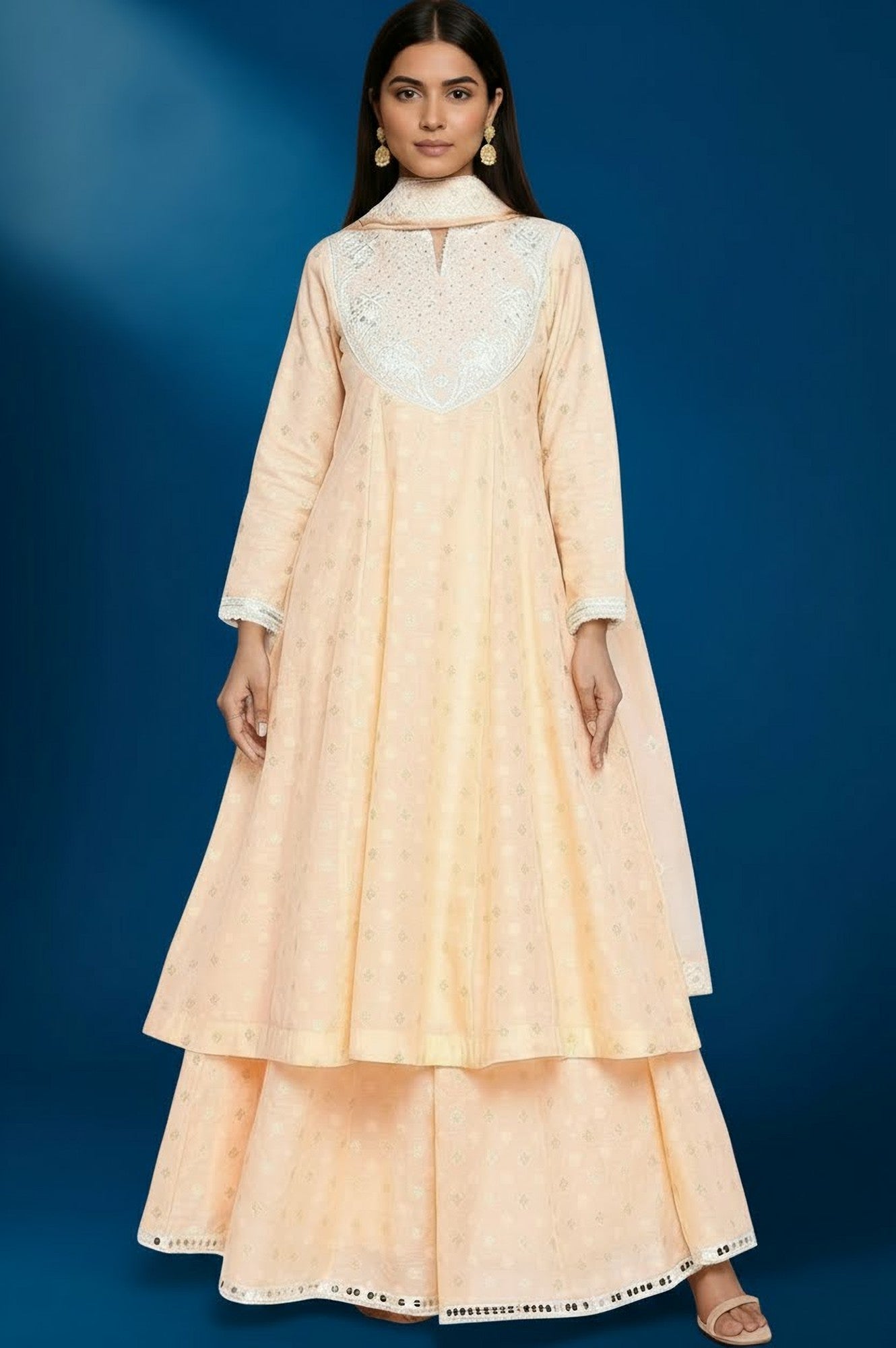 Peach Yarn Dyed Printed Chandari Jaquard Flared Kurta, Culotte and Dupatta Set