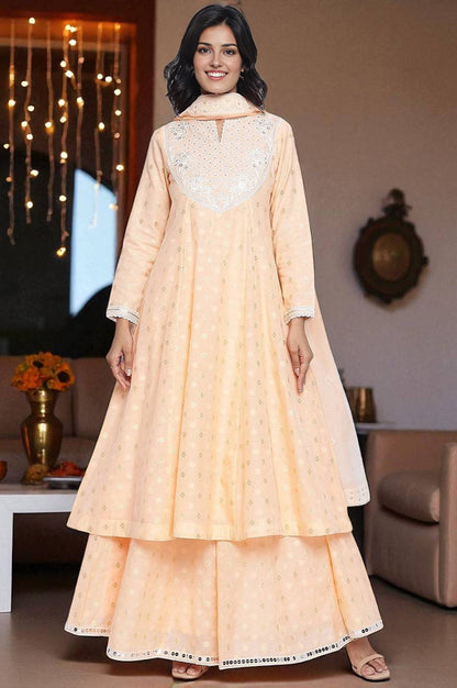 Peach Yarn Dyed Printed Chandari Jaquard Flared Kurta, Culotte and Dupatta Set