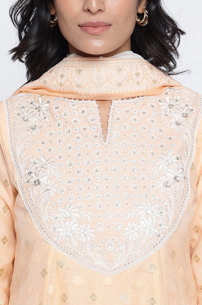 Peach Yarn Dyed Printed Chandari Jaquard Flared Kurta, Culotte and Dupatta Set