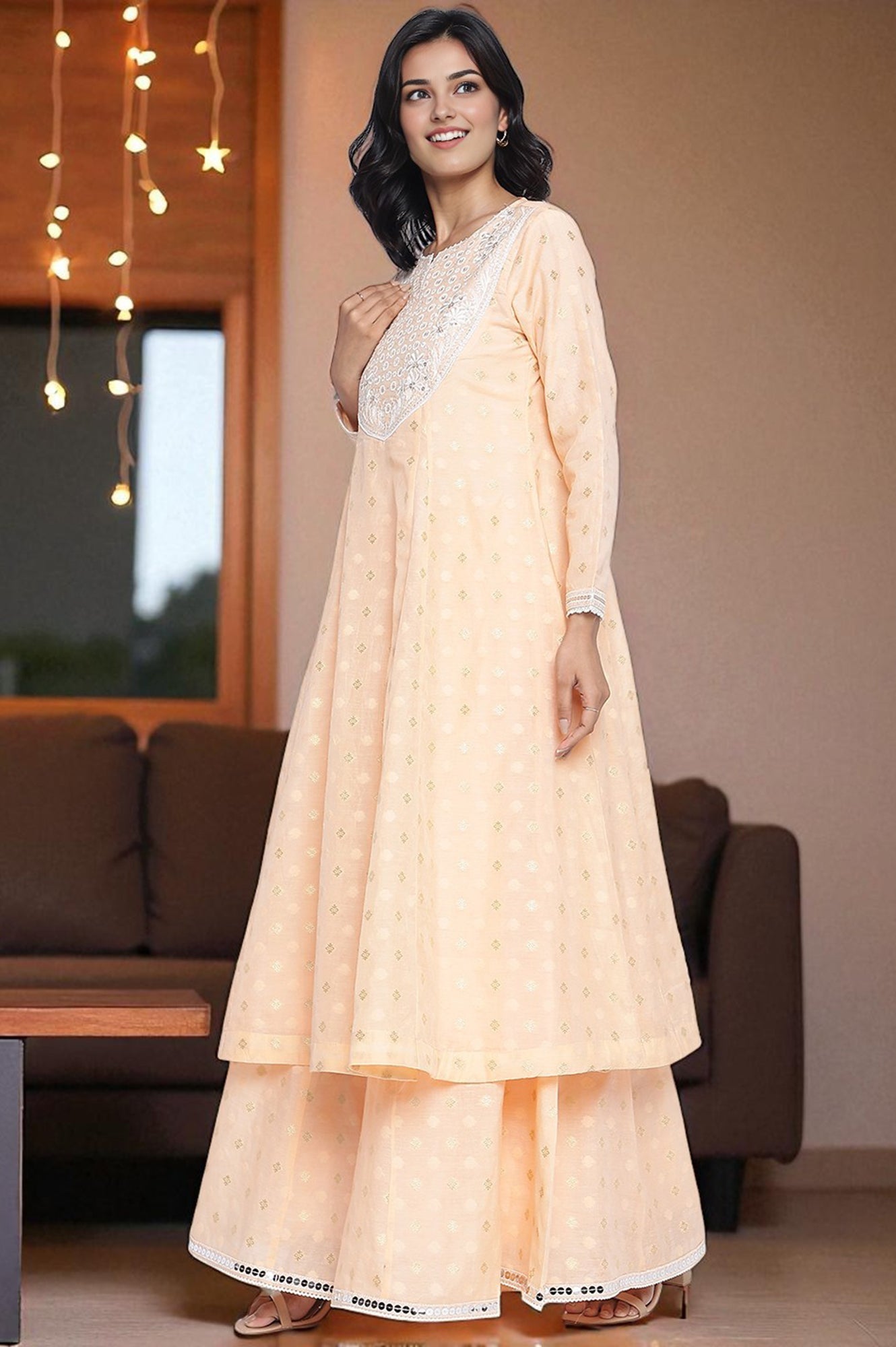 Peach Yarn Dyed Printed Chandari Jaquard Flared Kurta, Culotte and Dupatta Set