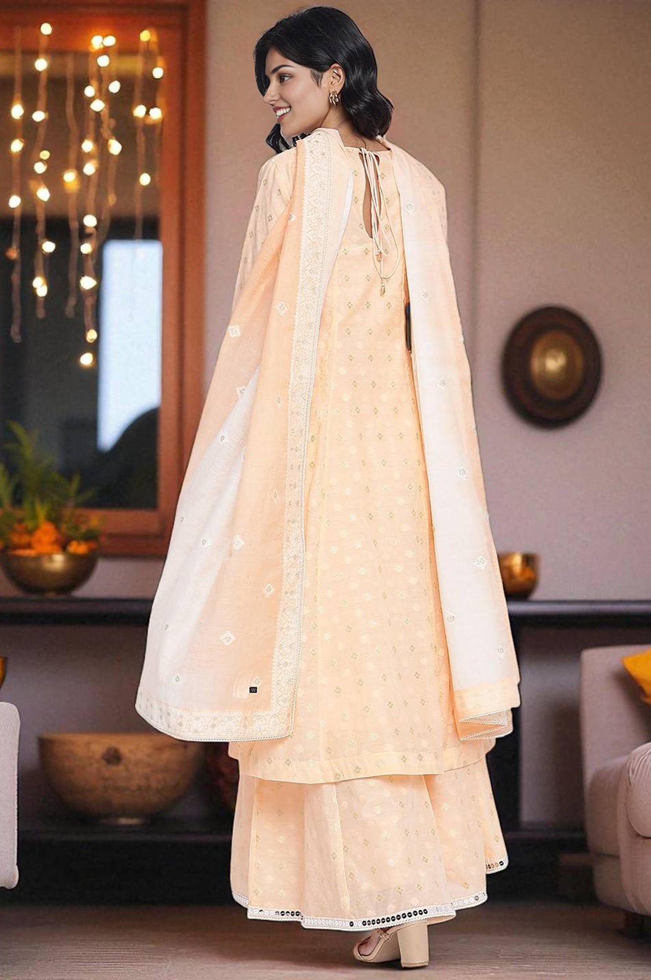 Peach Yarn Dyed Printed Chandari Jaquard Flared Kurta, Culotte and Dupatta Set