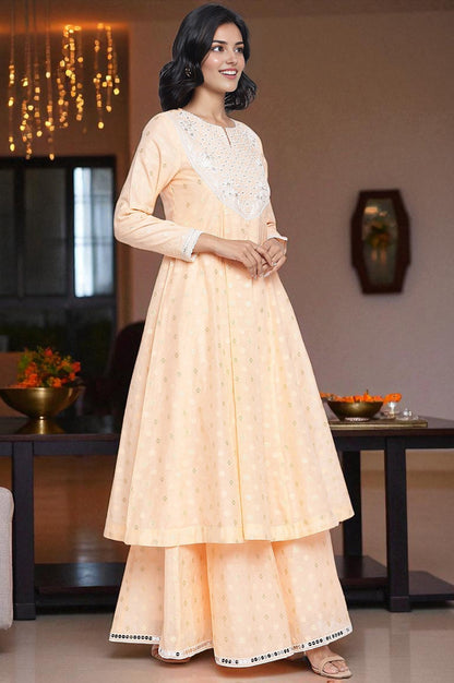 Peach Yarn Dyed Printed Chandari Jaquard Flared Kurta, Culotte and Dupatta Set