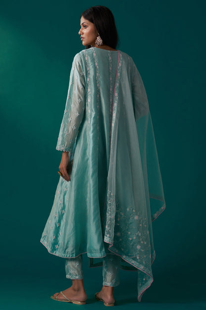 Aqua Mint Thread Embroidered Silk Chanderi Flared Kurta, Straight Pant and Dupatta Set