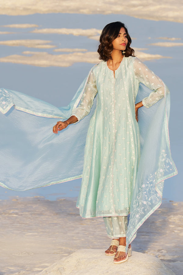 Aqua Mint Thread Embroidered Silk Chanderi Flared Kurta, Straight Pant and Dupatta Set