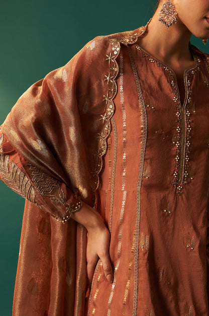 Copper Brown Metallic Embroidered Flared Chanderi Kurta with Straight Pant and Dupatta Set