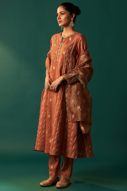 Copper Brown Metallic Embroidered Flared Chanderi Kurta with Straight Pant and Dupatta Set