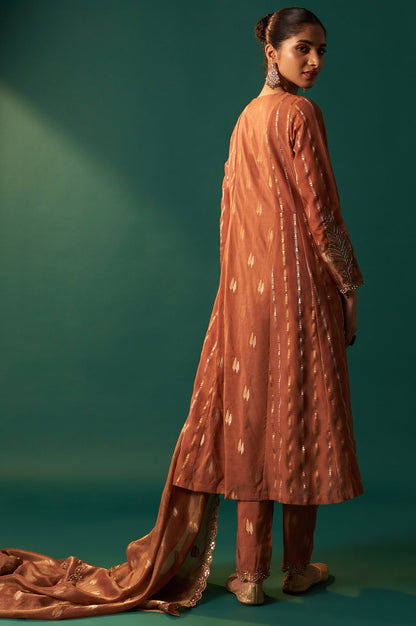 Copper Brown Metallic Embroidered Flared Chanderi Kurta with Straight Pant and Dupatta Set