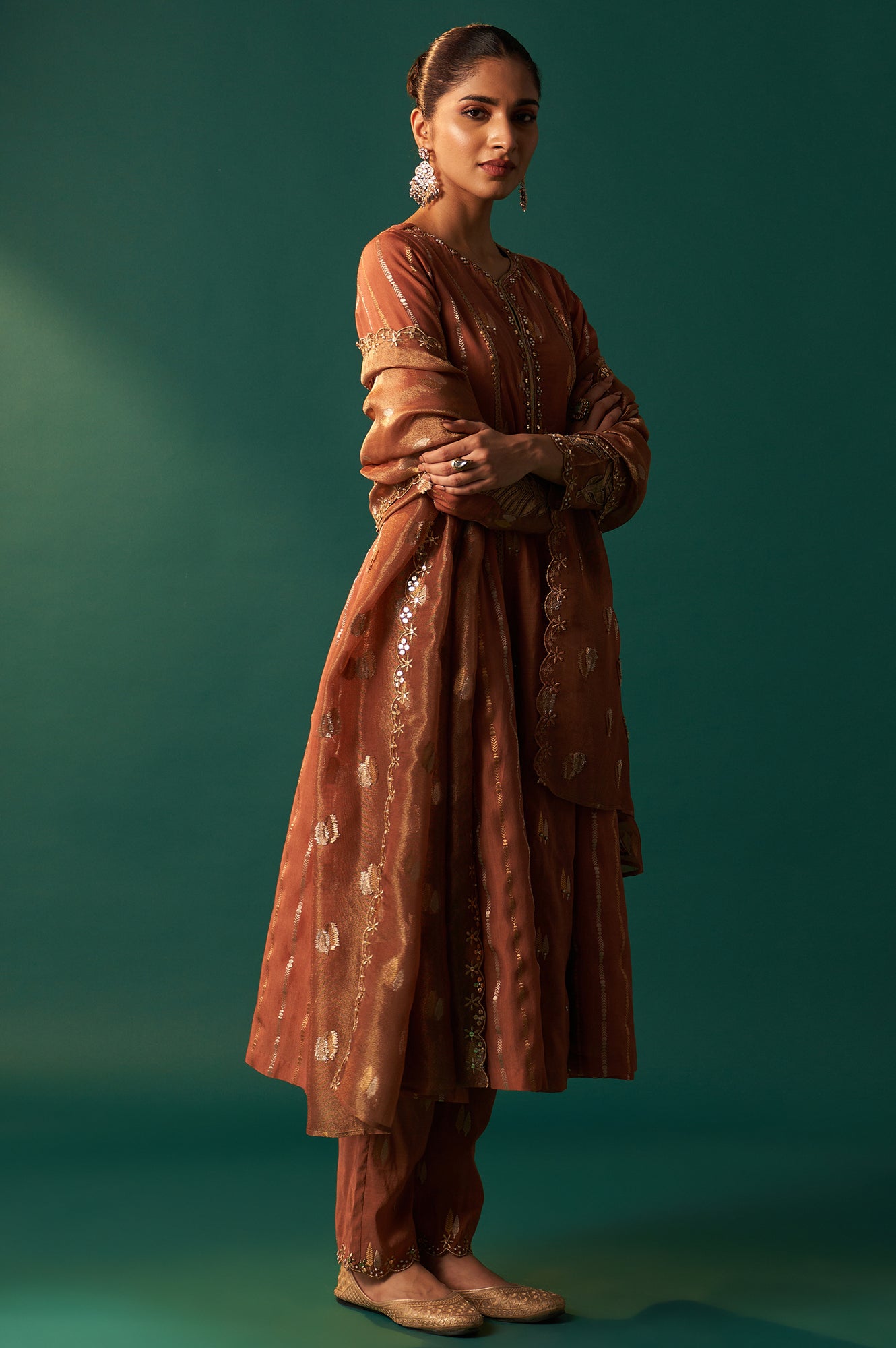 Copper Brown Metallic Embroidered Flared Chanderi Kurta with Straight Pant and Dupatta Set