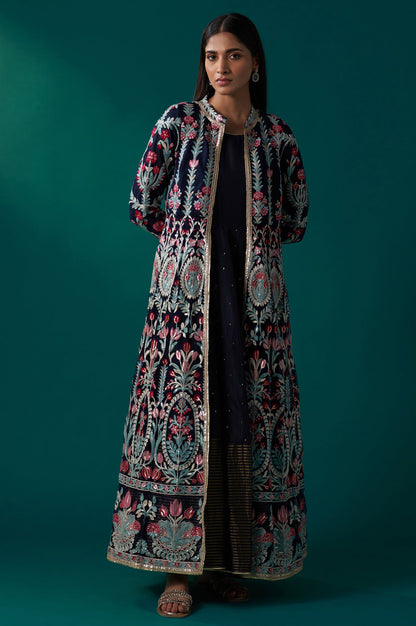 Navy Blue Aari Embroidery Panelled Jacket and Sleeveless Anarkali Dress Set