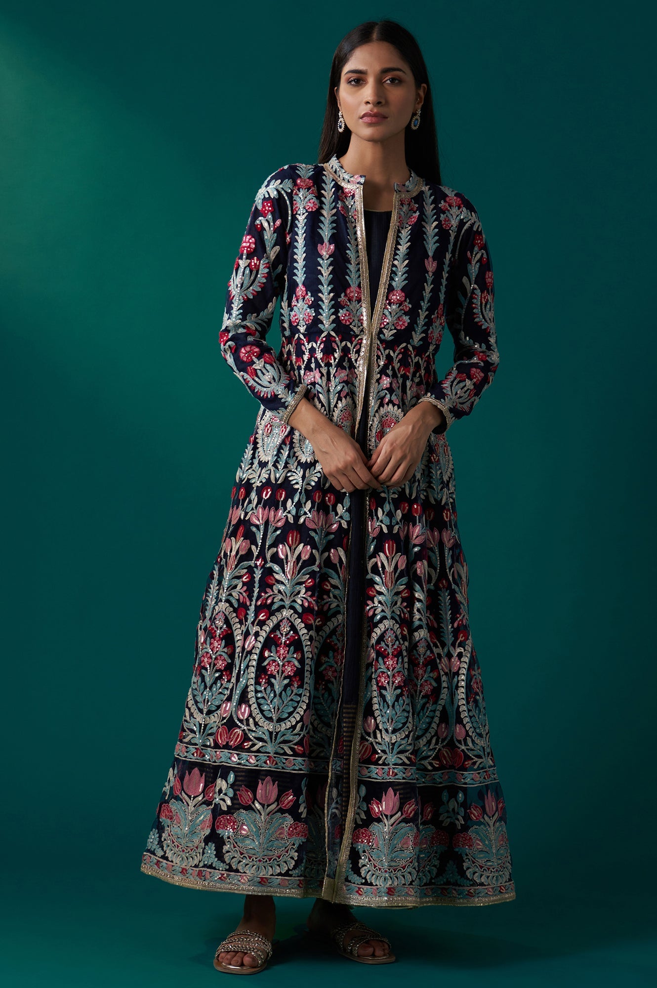 Navy Blue Aari Embroidery Panelled Jacket and Sleeveless Anarkali Dress Set