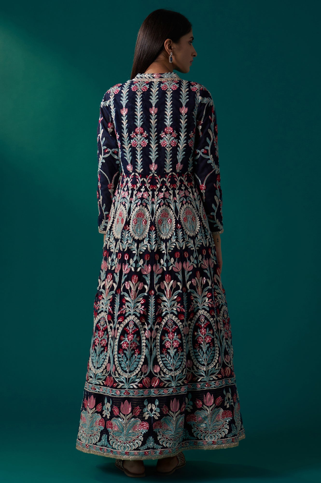 Navy Blue Aari Embroidery Panelled Jacket and Sleeveless Anarkali Dress Set