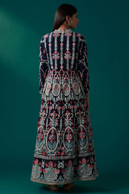 Navy Blue Aari Embroidery Panelled Jacket and Sleeveless Anarkali Dress Set