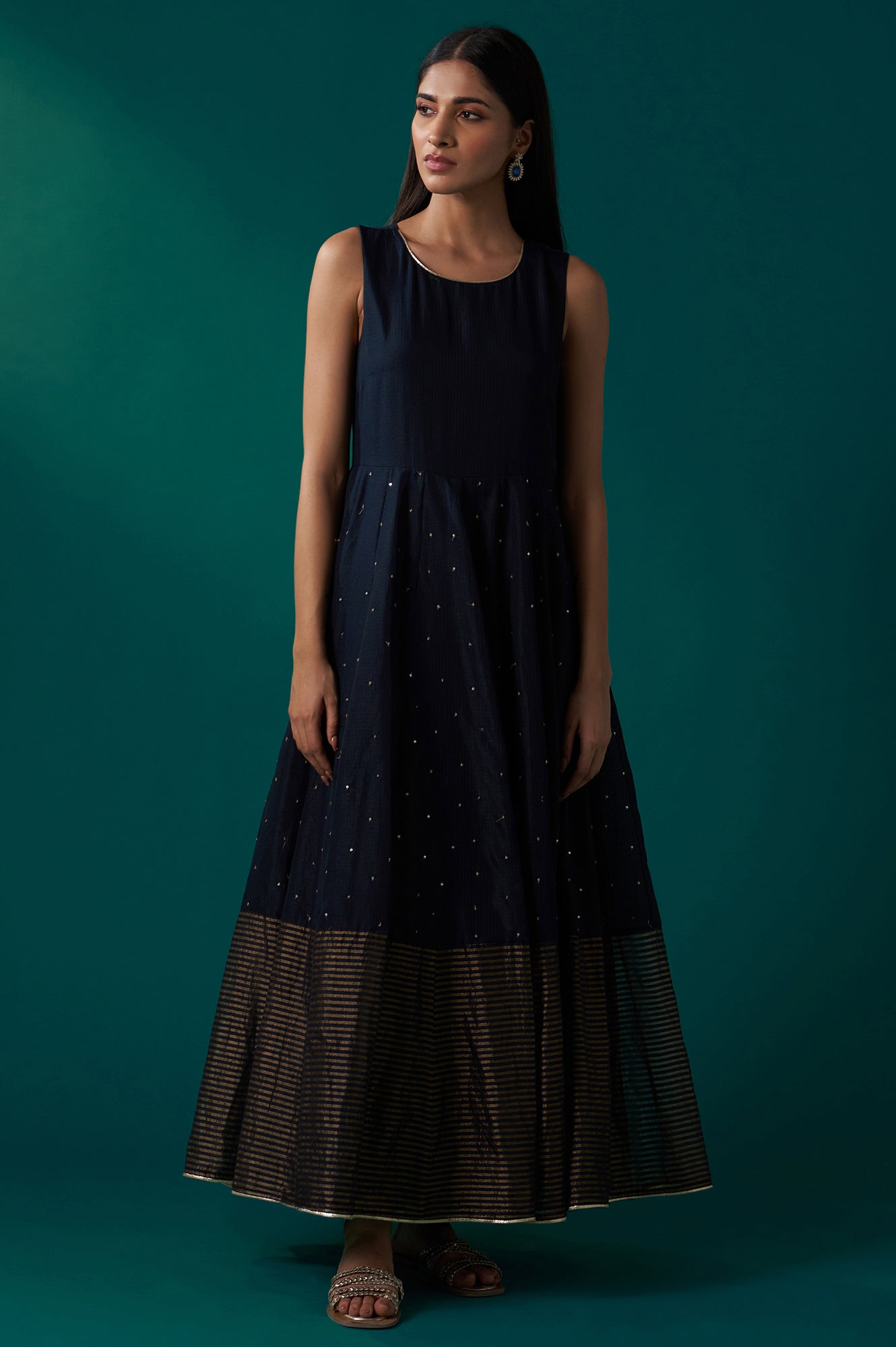 Navy Blue Aari Embroidery Panelled Jacket and Sleeveless Anarkali Dress Set